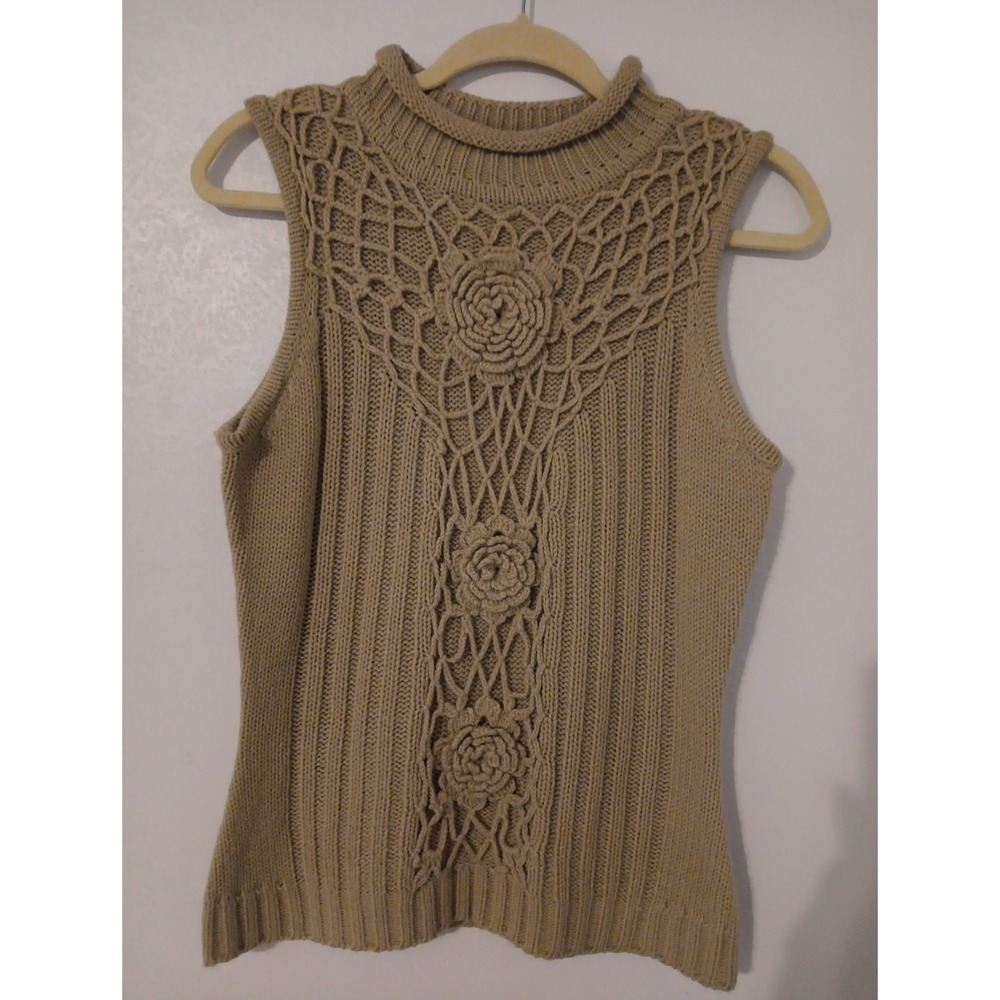 Together Sleeveless Crocheted Flower‎ Sweater Beige in color 100% Acrylic Sz.M